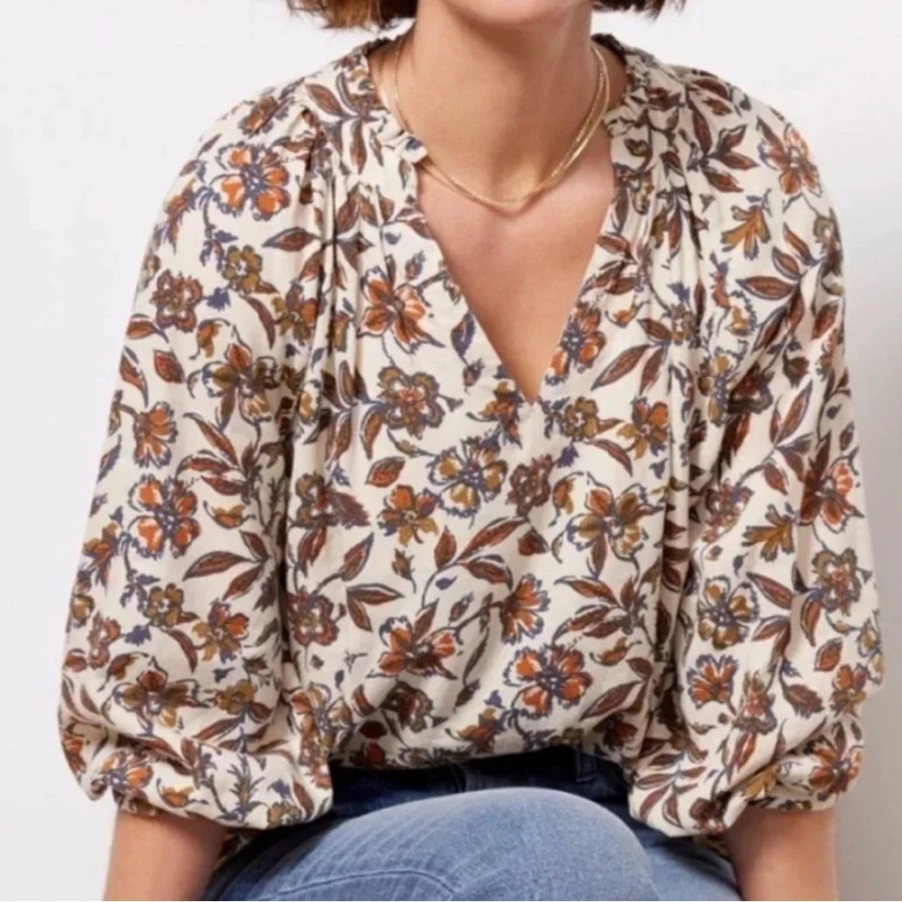Faherty Portia Indee Floral Linen Blend Peasant Blouse Boho Hippie Relaxed XS